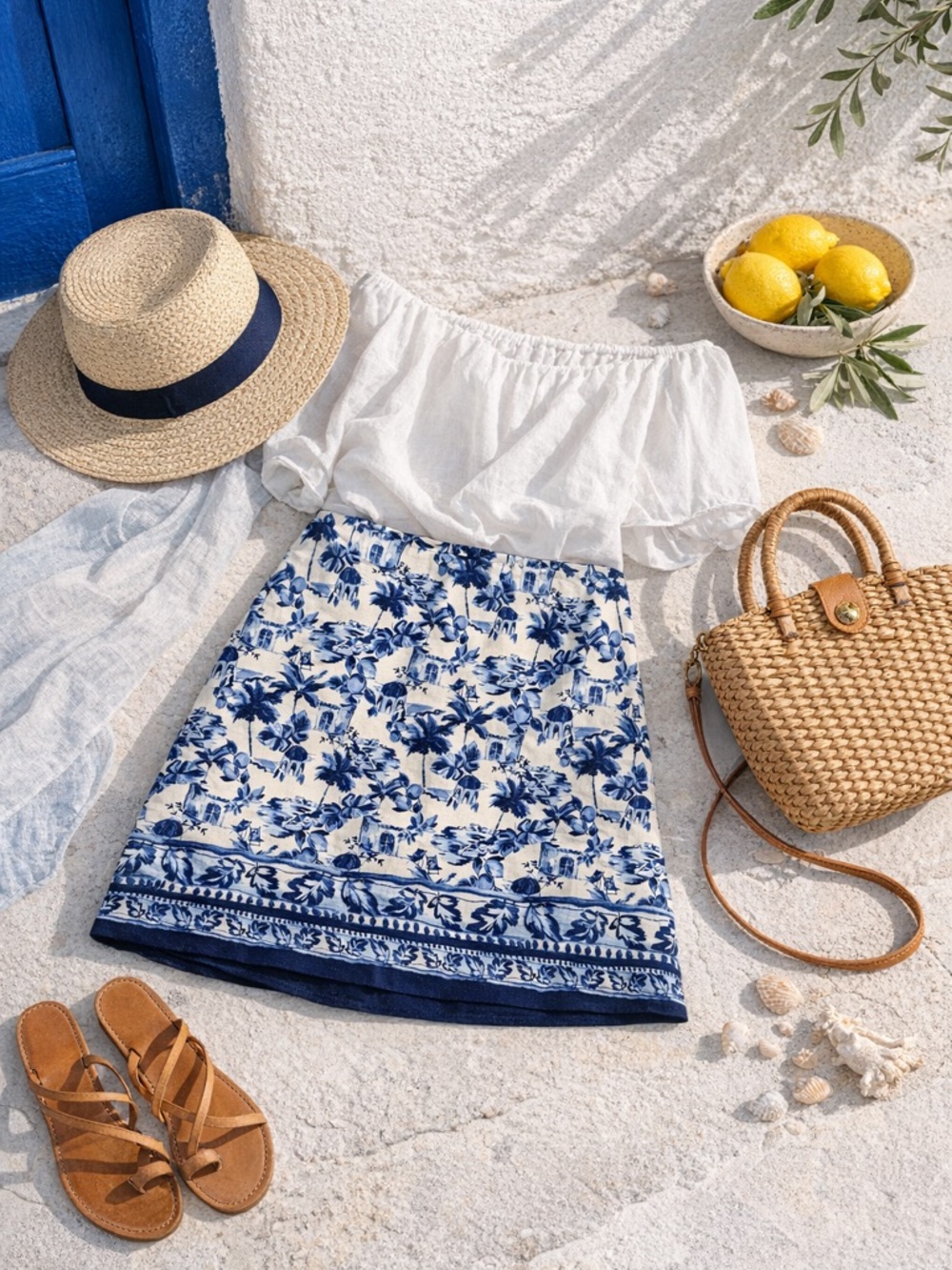 LOFT Blue and White Floral A-Line Skirt